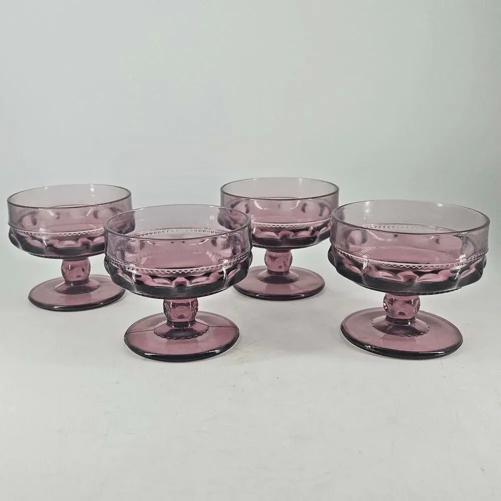 4 MCM Indiana Glass Kings Crown Thumbprint Plum Amethyst Sherbet Compotes